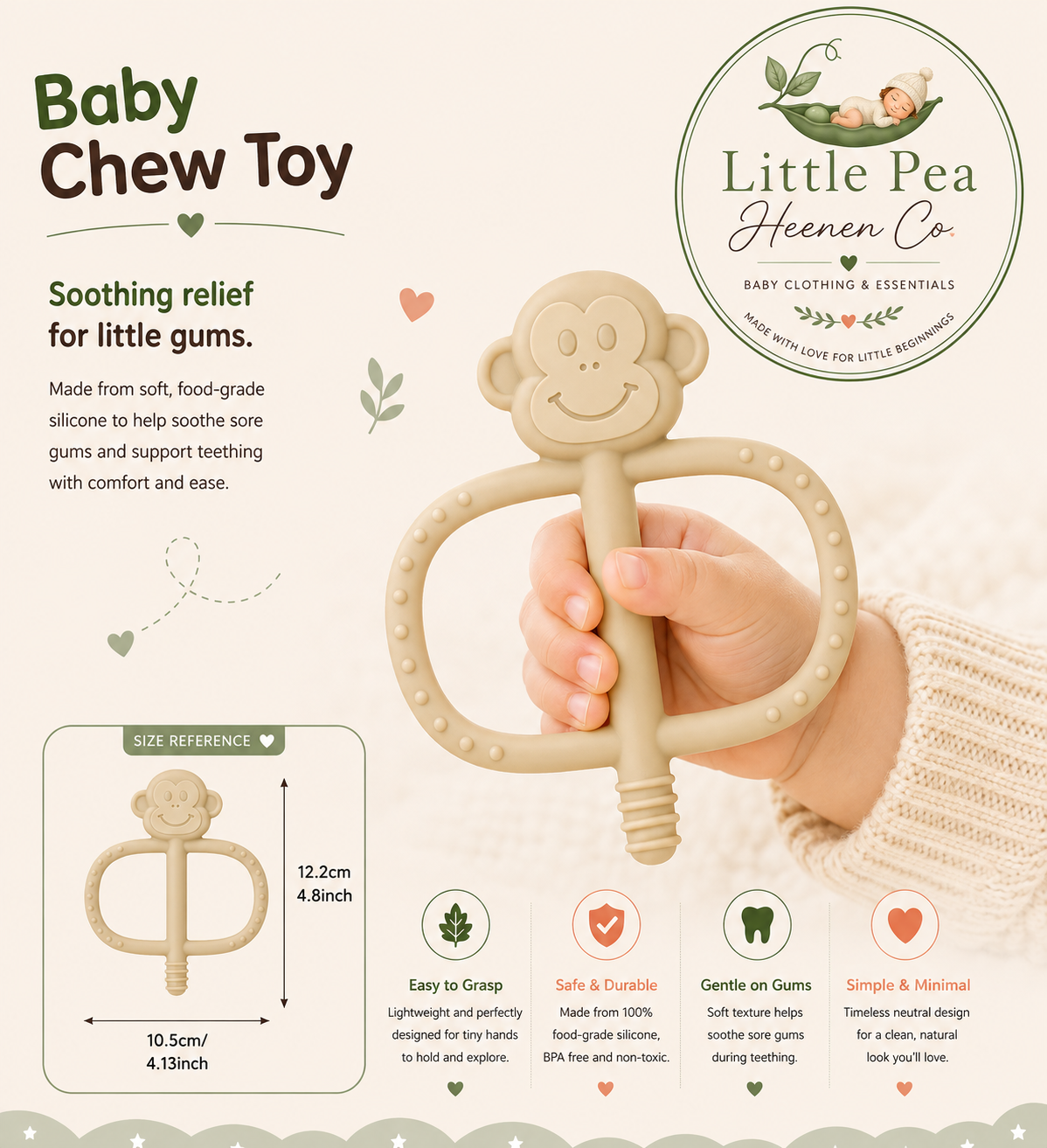 Monkey Baby Chew Toy / Silicone Teether — Cream